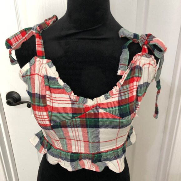 Aerie‎ Women's Plaid Sleeveless Crop Top With Shoulder Ties & Ruffle Hem Size M - Picture 3 of 8